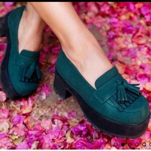 Dark green T.U.K footwear fringe loafers. Size 6 like NEW